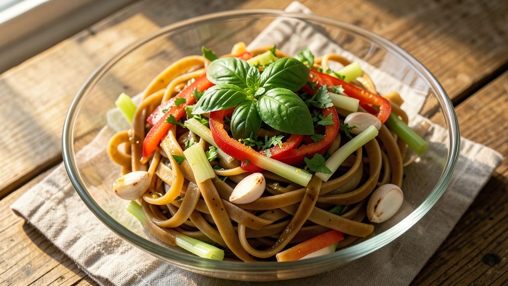 Cold Fettuccine Salad Recipe: Celery Crown Crunch and Herb Oil Bind