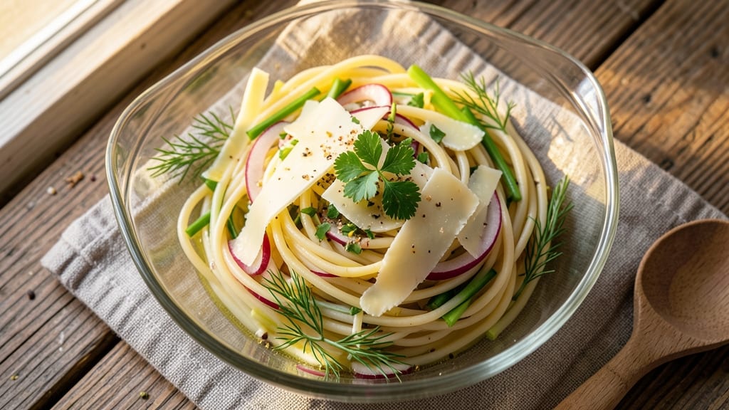 Capellini and Asiago Pasta Salad Recipe: Crisp Celery Crowns and Melty Cheese Twist