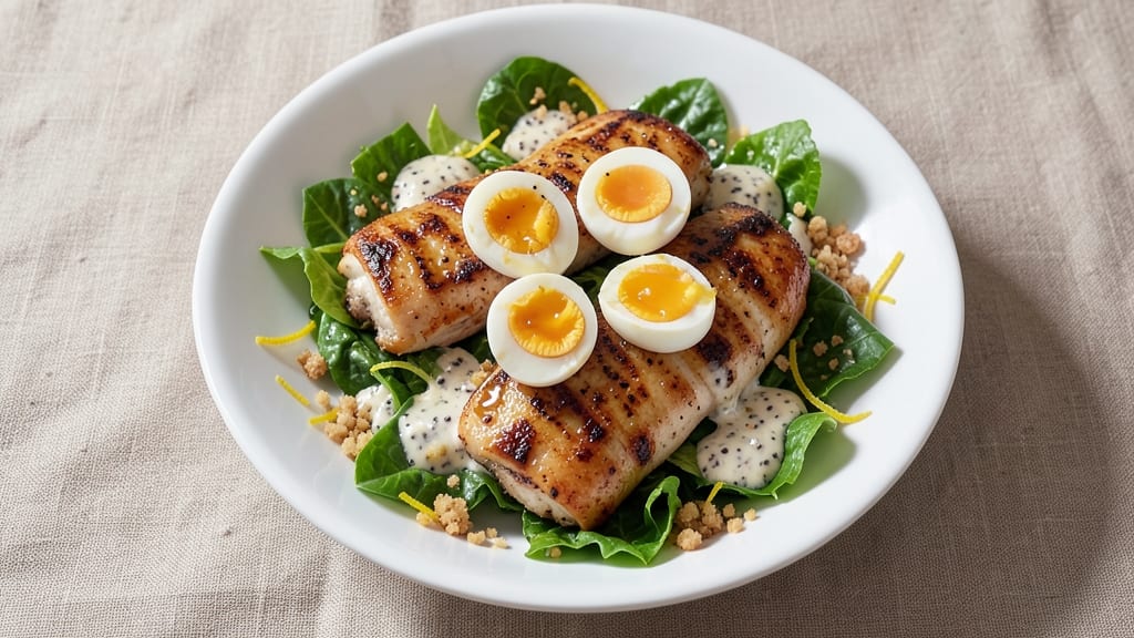 Chicken Caesar Salad Recipe With Egg: Crispy Parmesan Crunch and Poached Egg Topping