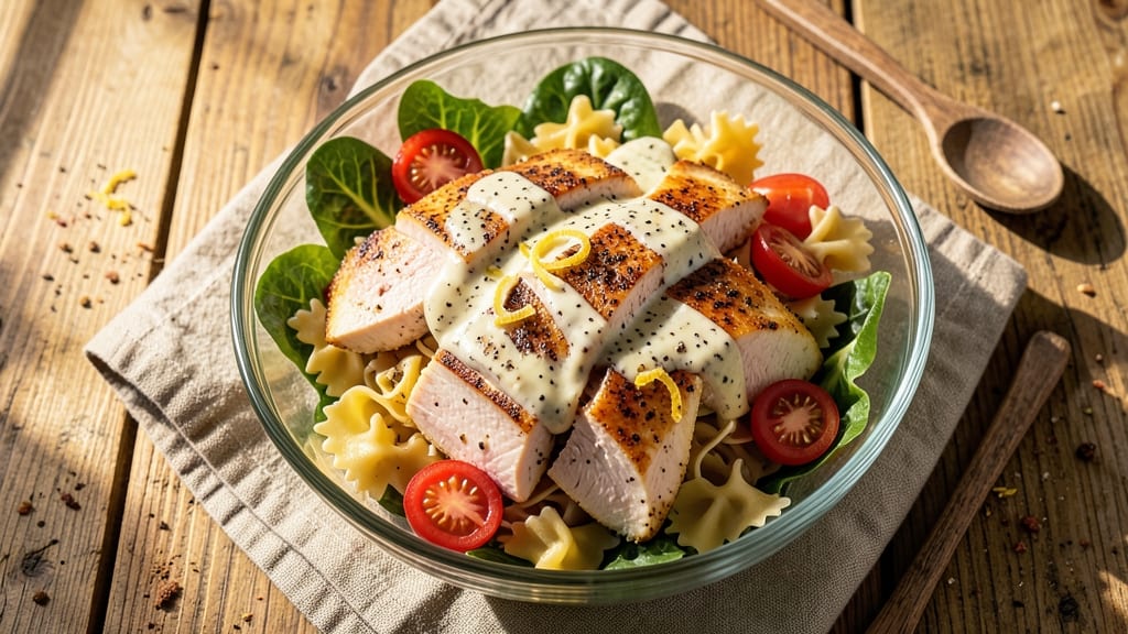 Chicken Caesar Bowtie Pasta Salad Recipe: Warm Chicken and Al Dente Twirls in 20 Minutes