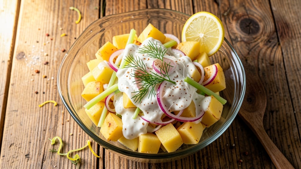 Classic Yellow Potato Salad Recipe: Mayonnaise-Free Herb Cheese Crunch