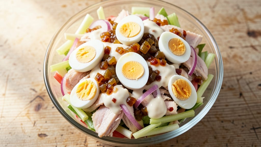 Chicken Salad Recipe with Eggs and Relish: Crunchy Celery Crowns and Herbed Cheese Twist