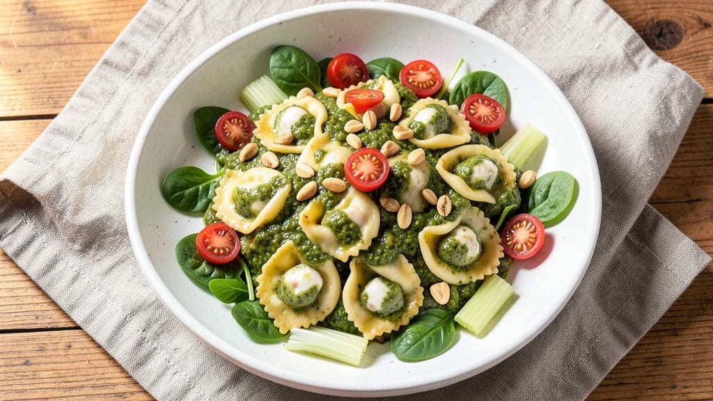 Cheese Tortellini Pesto Salad Recipe: Crisp Celery Crowns and Melty Cheese Twirls