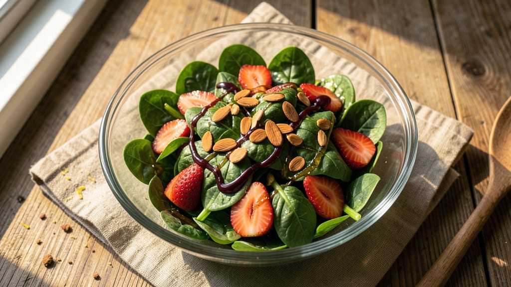 Sweet Spinach Salad Recipe: Honey-Balsamic Glaze with Toasted Almond Crunch