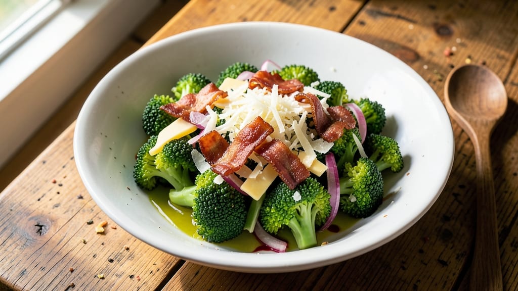 Cold Broccoli Salad Recipe With Bacon and Cheese: Crispy Bacon and Melty Cheese Twist