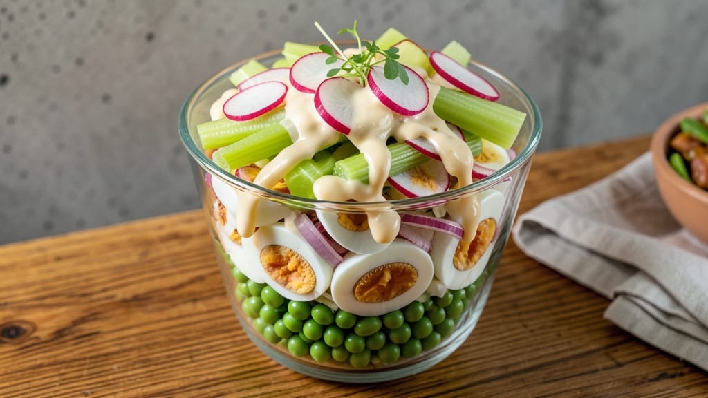 7 Layer Green Pea Salad Recipe: Crunchy Celery Crowns and Creamy Herb Layers